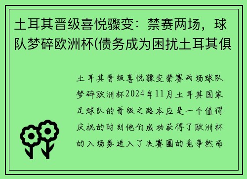 土耳其晋级喜悦骤变：禁赛两场，球队梦碎欧洲杯(债务成为困扰土耳其俱乐部的首要心病)